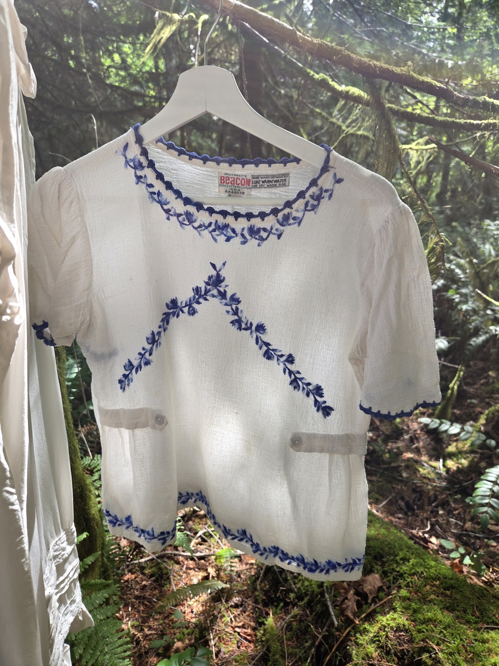 Vintage "Beacon" White Top with Blue Floral Embroidery